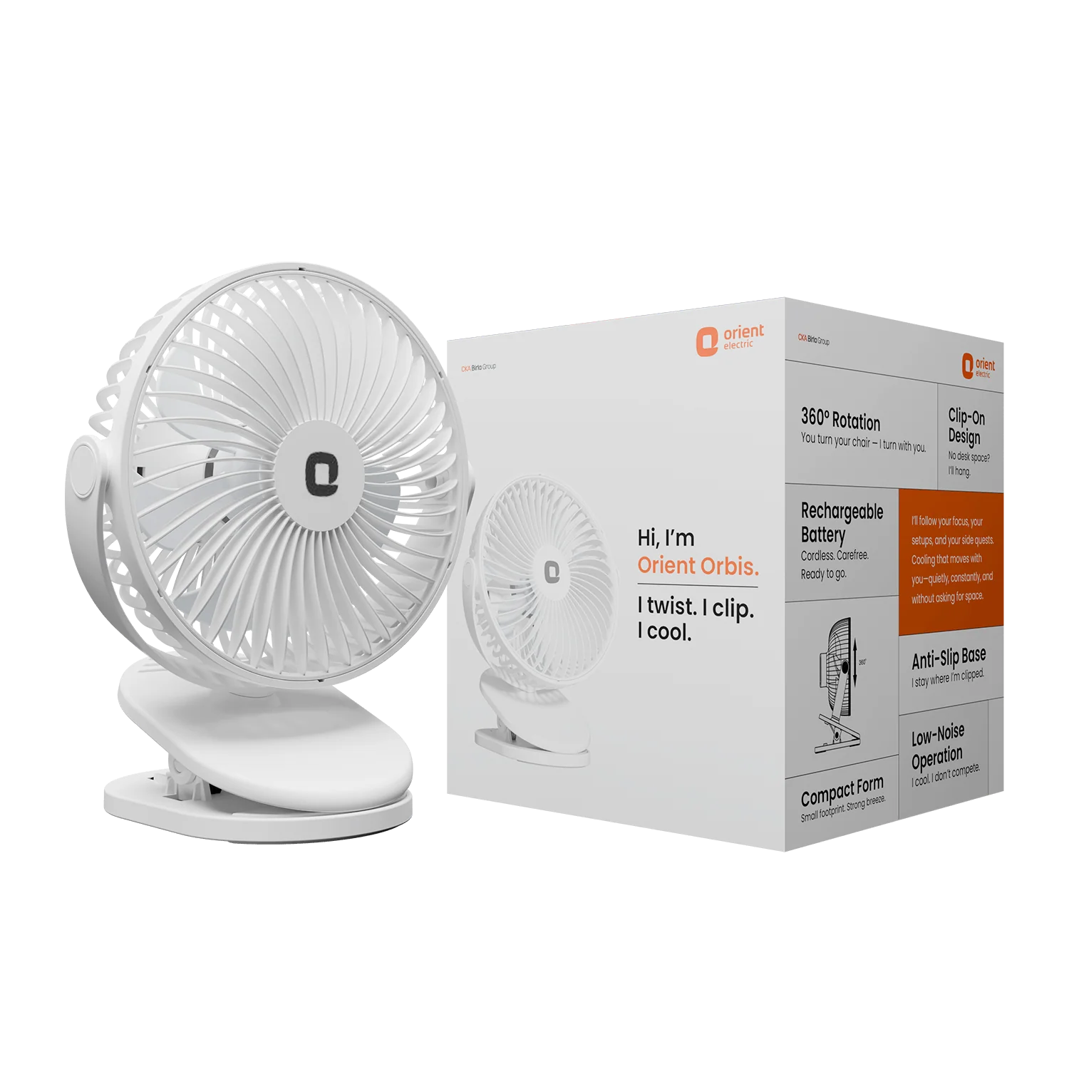 Orient Orbis 5'' Personal Fan · 360 Degree Rotation · Chargeable Portable Fan · White