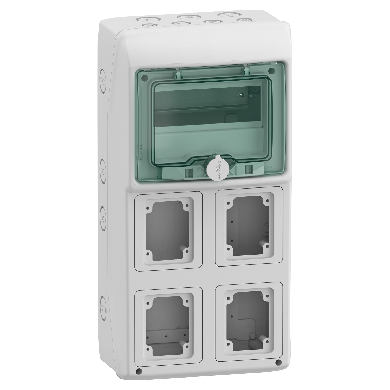 Schneider Mureva Enclosure · 8 modules · transparent · IP65 · surface mount · Door: transparent green · 13179