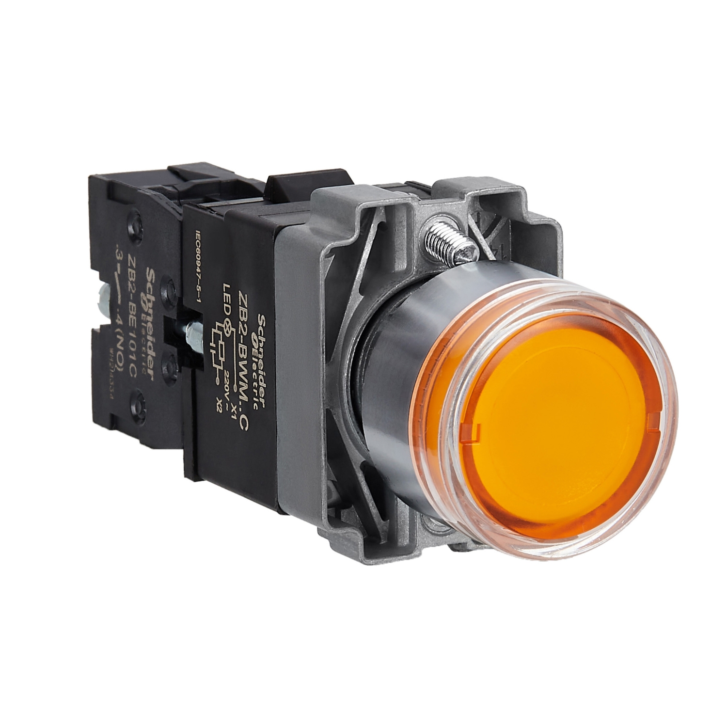 Schneider Harmony XB2 Illuminated Push Button · 22 mm · LED · 1 NO · 240 V AC · Amber