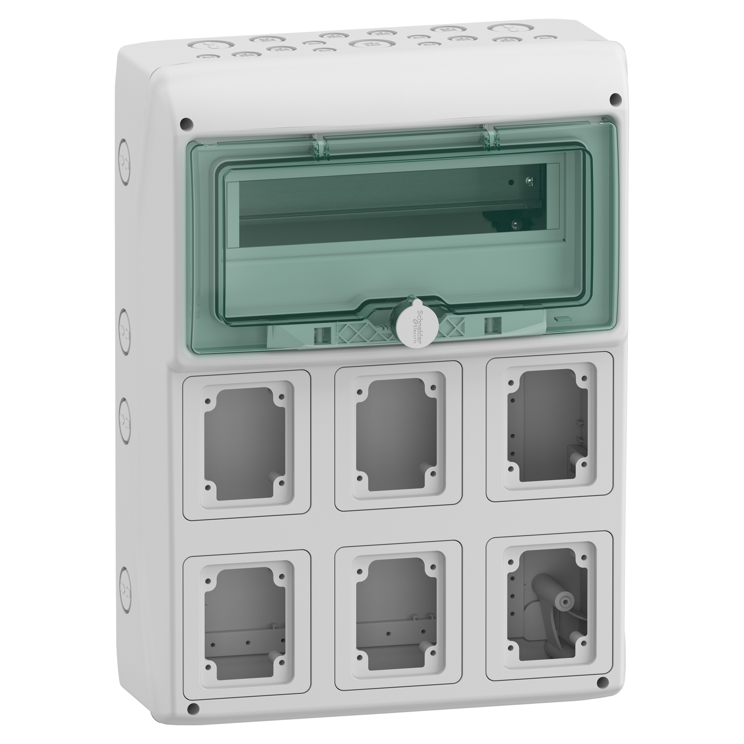 Schneider Mureva Enclosure · 12 modules · transparent · IP65 · surface mount · Door: transparent green · 13181